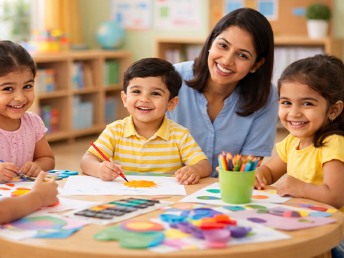 Children reading and writing in classroom